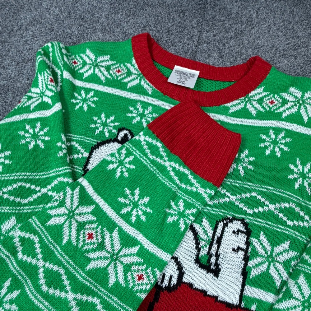 Peanuts Snoopy Mens Small Ugly Christmas Sweater Green‎ Red Fair Isle Snowflake